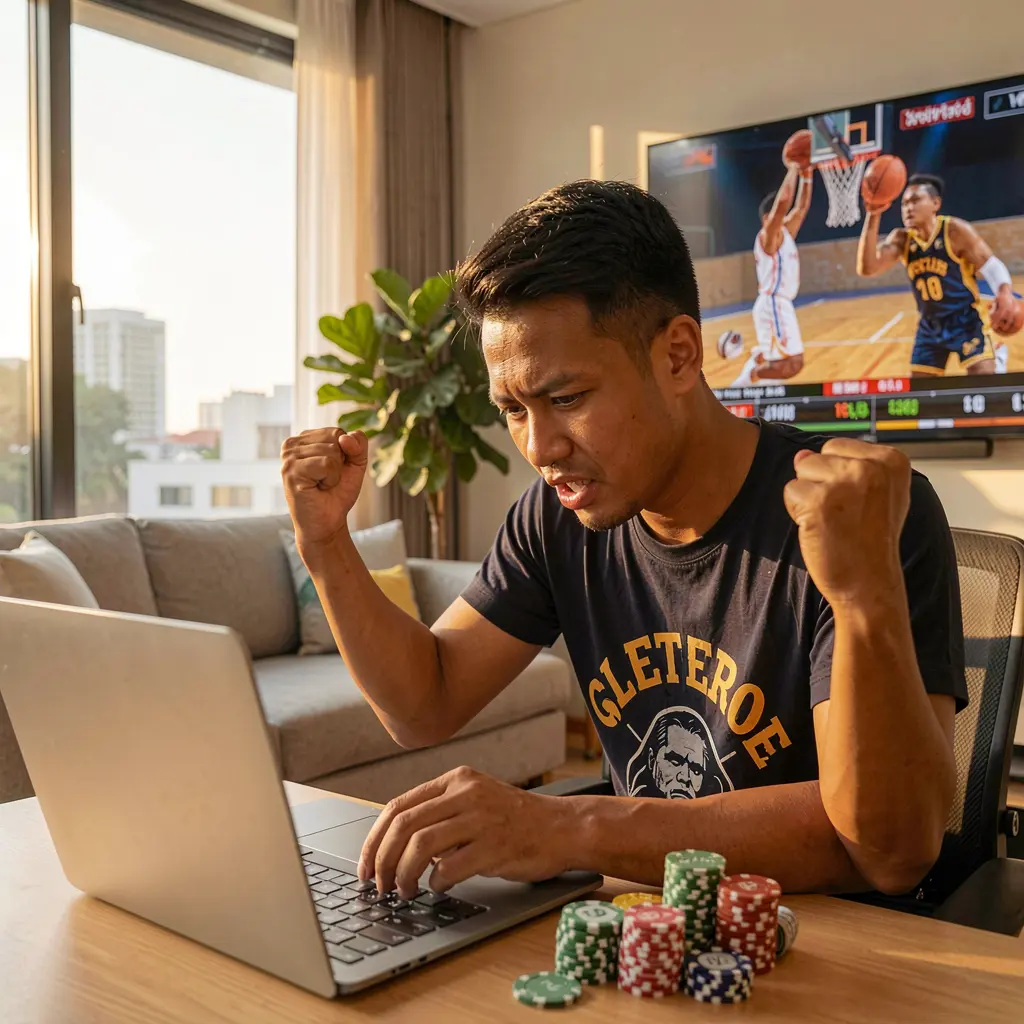 Filipino sports fan celebrating a winning moment while placing basketball bets online on a laptop with live game action behind him using 93PH