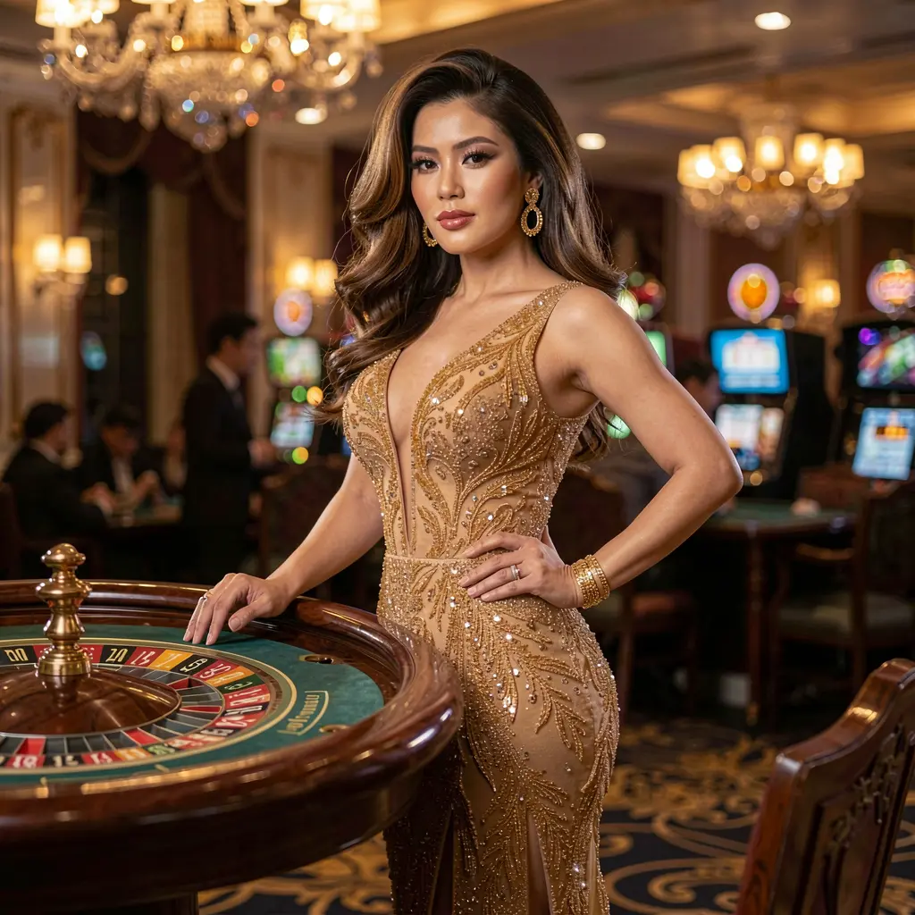Glamorous casino hostess in a luxurious golden dress standing by a roulette table in a premium casino atmosphere at 93PH Philippines